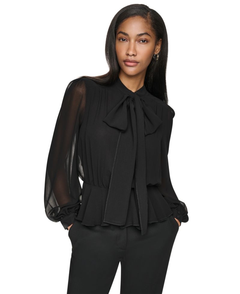 Women's Tie Neck Peplum Long-Sleeve Blouse