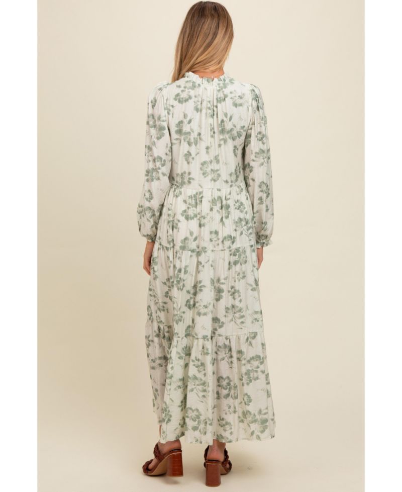 Women's Black Floral Button Front Tiered Long Sleeve Maxi Dress