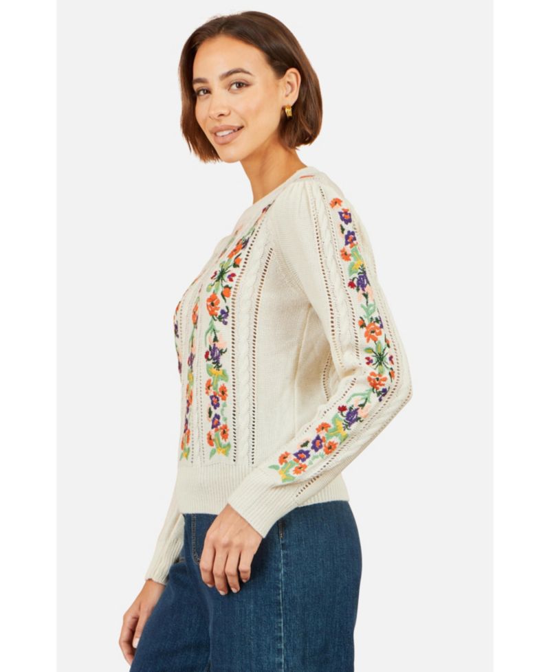 Women's Cable-Knit Floral-Embroidery Puff-Sleeve Crewneck Sweater