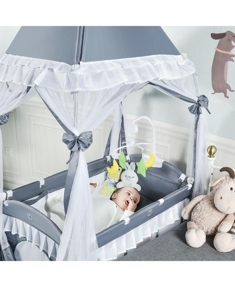 Foldable 4-in-1 Baby Playard with Mosquito Net, Portable Crib with Carry Bag