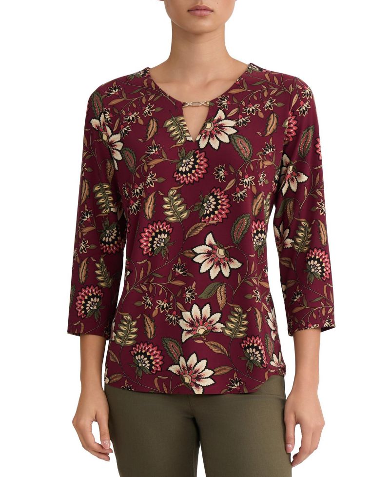 Women's Floral-Print V-Neck 3/4-Sleeve Buckle Trim Blouse