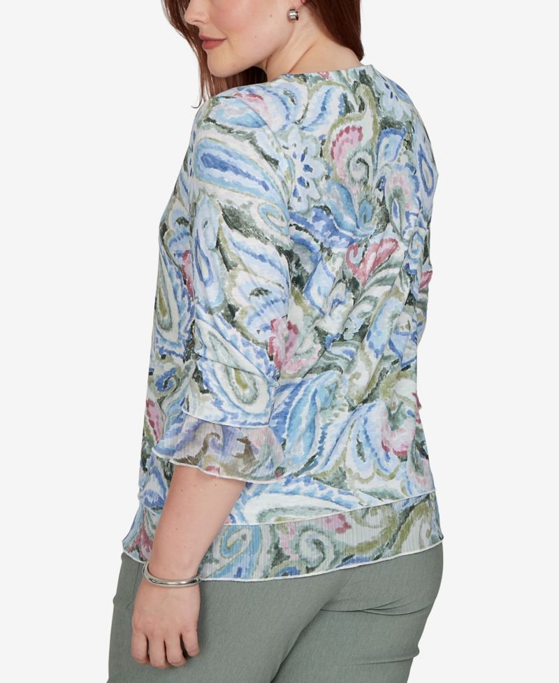 Petite Provence 3/4-Sleeve Woven-Paisley Knit Top