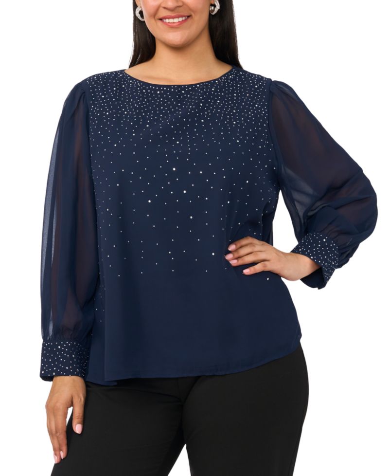 Plus Size Rhinestone Embellished Balloon-Sleeve Top