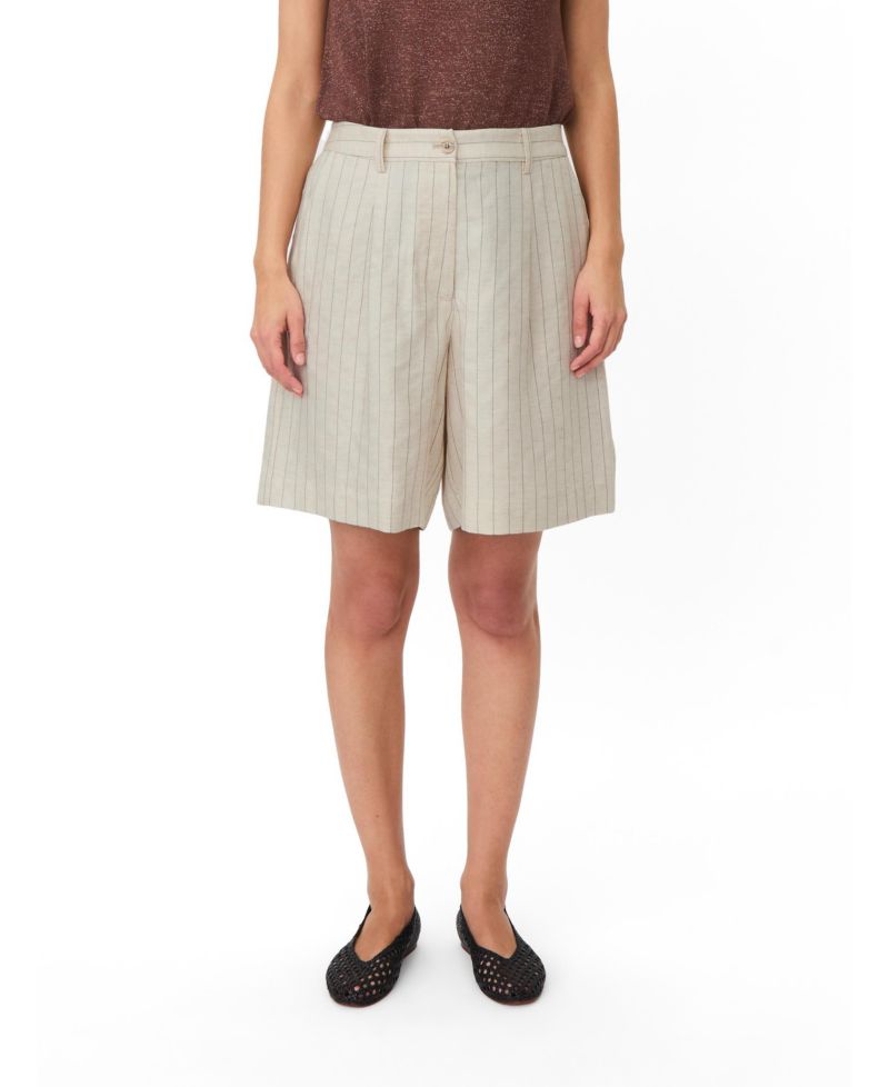 Women's Mapauletta Pinstripe Linen-Blend Pleated Shorts, 26" Inseam