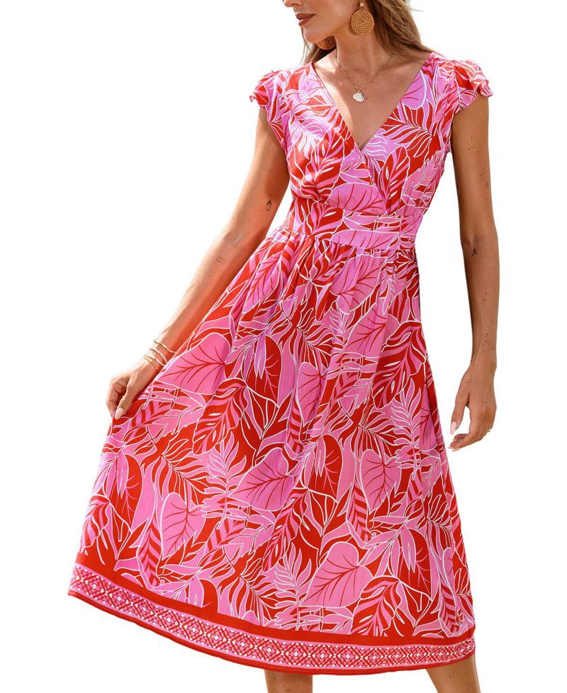 Women's Printed V-Neck Flutter Sleeve Beach Dress