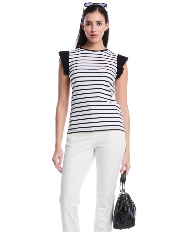 Petite Striped Ruffle Cap-Sleeve Top