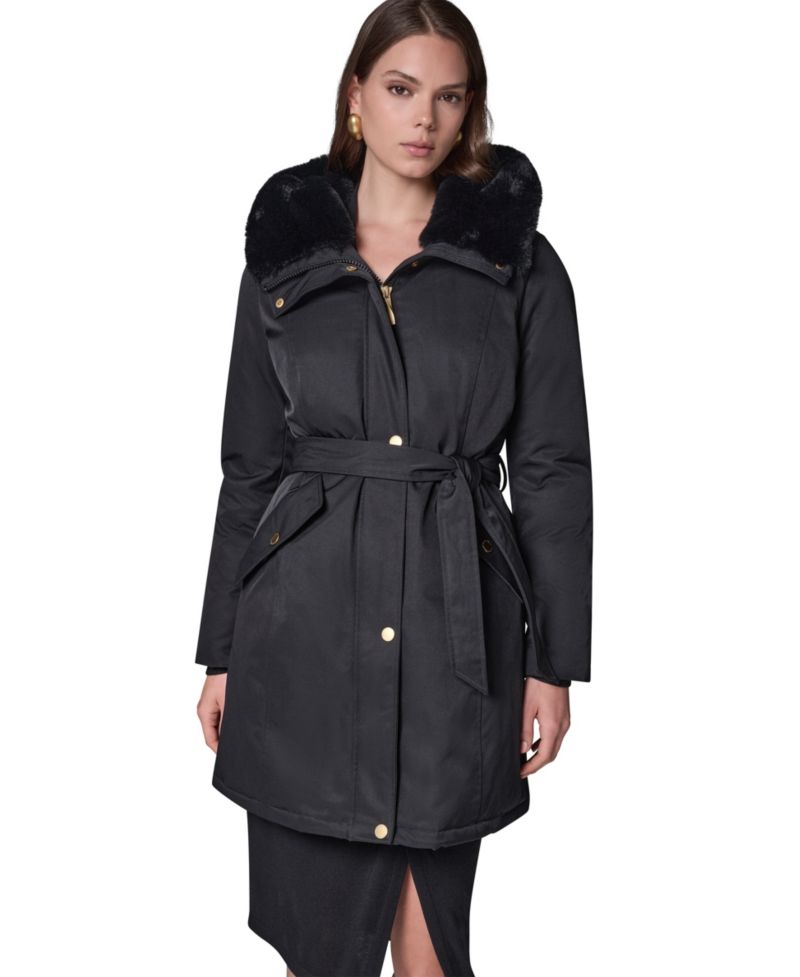 Women's Belted Hooded Mid-Length Puffer Coat