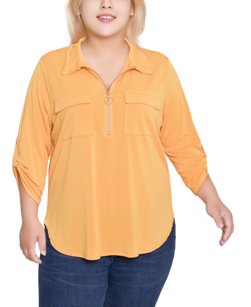 Plus Size 3/4 Roll Tab Zip Front Top