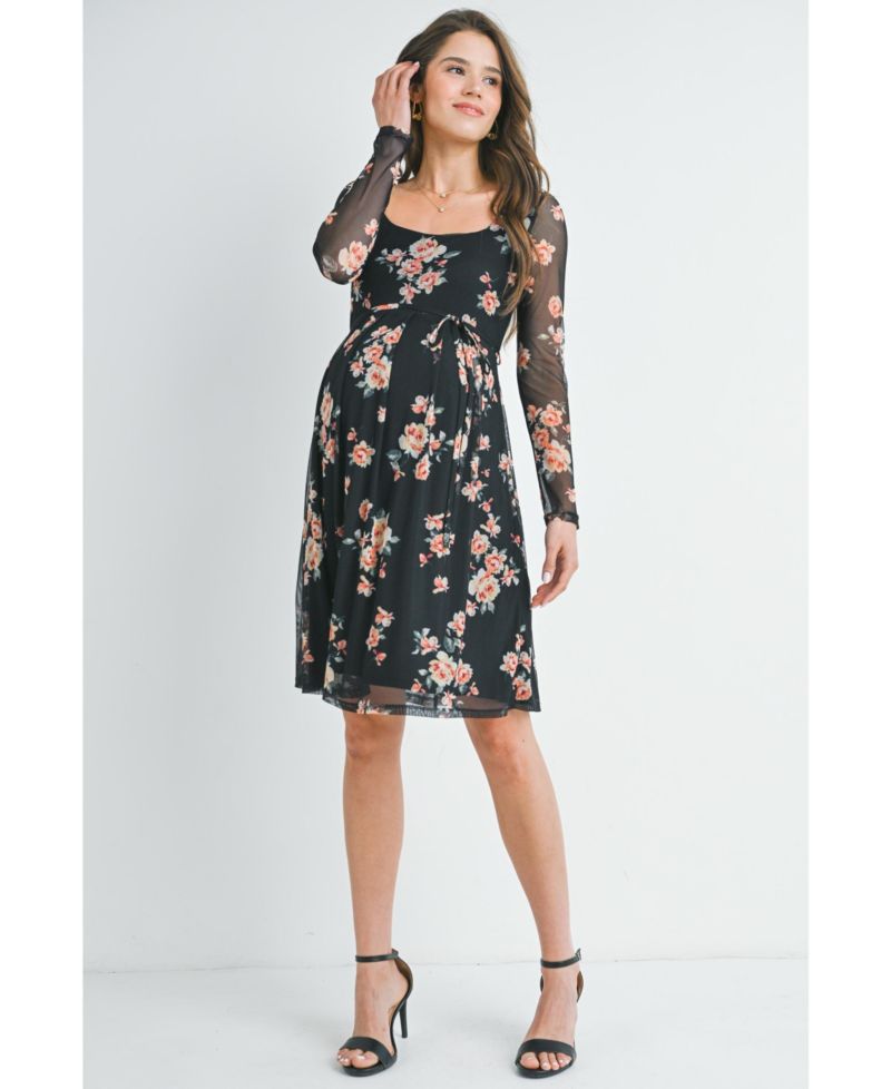 Maternity Floral Square Neck Long Sleeve Dress