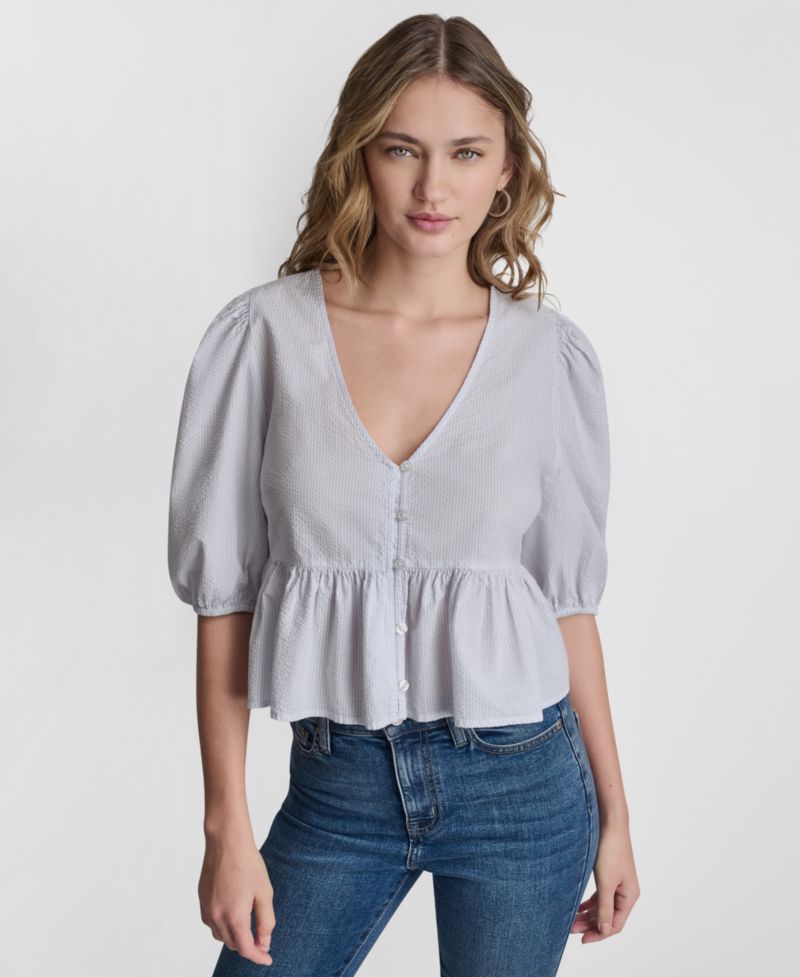 Petite Puff-Sleeve V-Neck Top