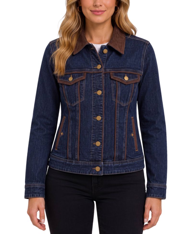 Women's Crosshatch Stretch Denim Velvet-Trim Dark-Wash Jacket