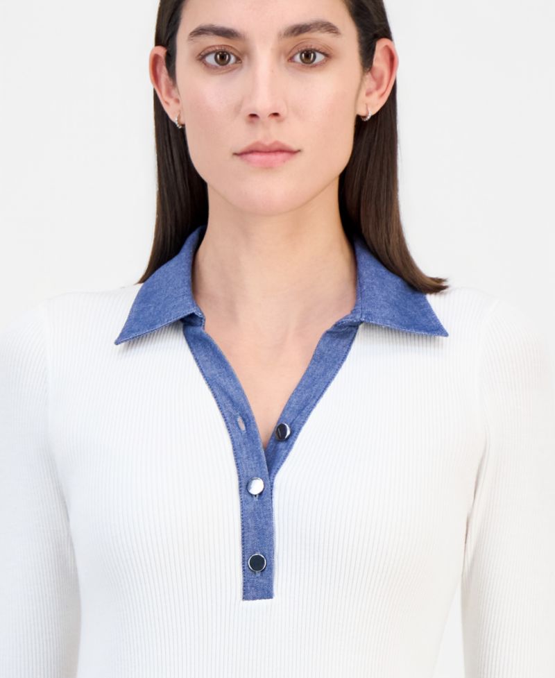 Women's Contrast Collared Ribbed Knit Sweater