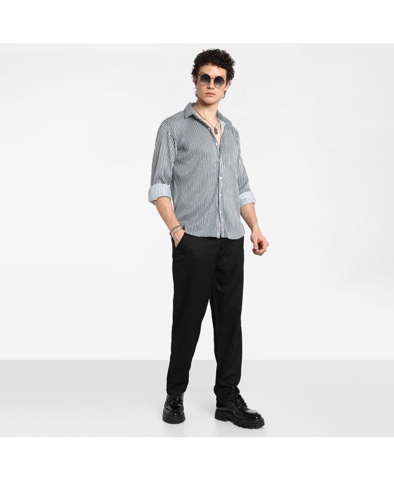 Men's Midnight Black and Powder White Pleat-Creased Shirt