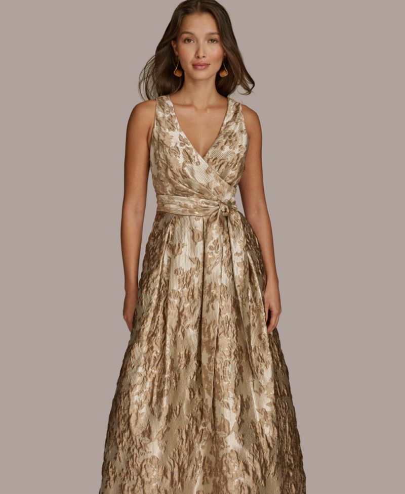 Women's Metallic Brocade Sleeveless Wrap Ball Gown