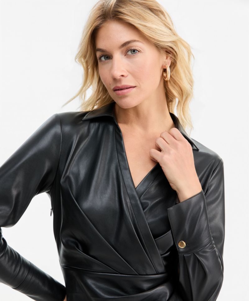 I.N.C. Women's Long-Sleeve Faux Leather V-Neck Dress