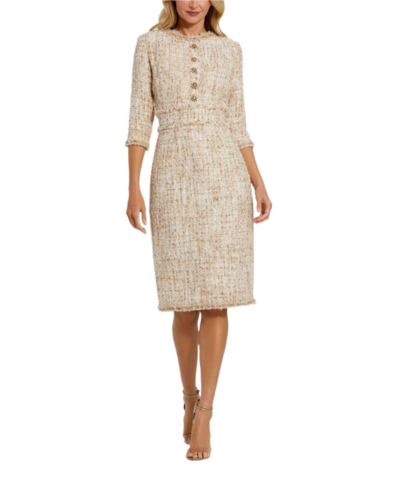 Women's 3/4 Sleeve Beaded Trim Patch Pocket Dress