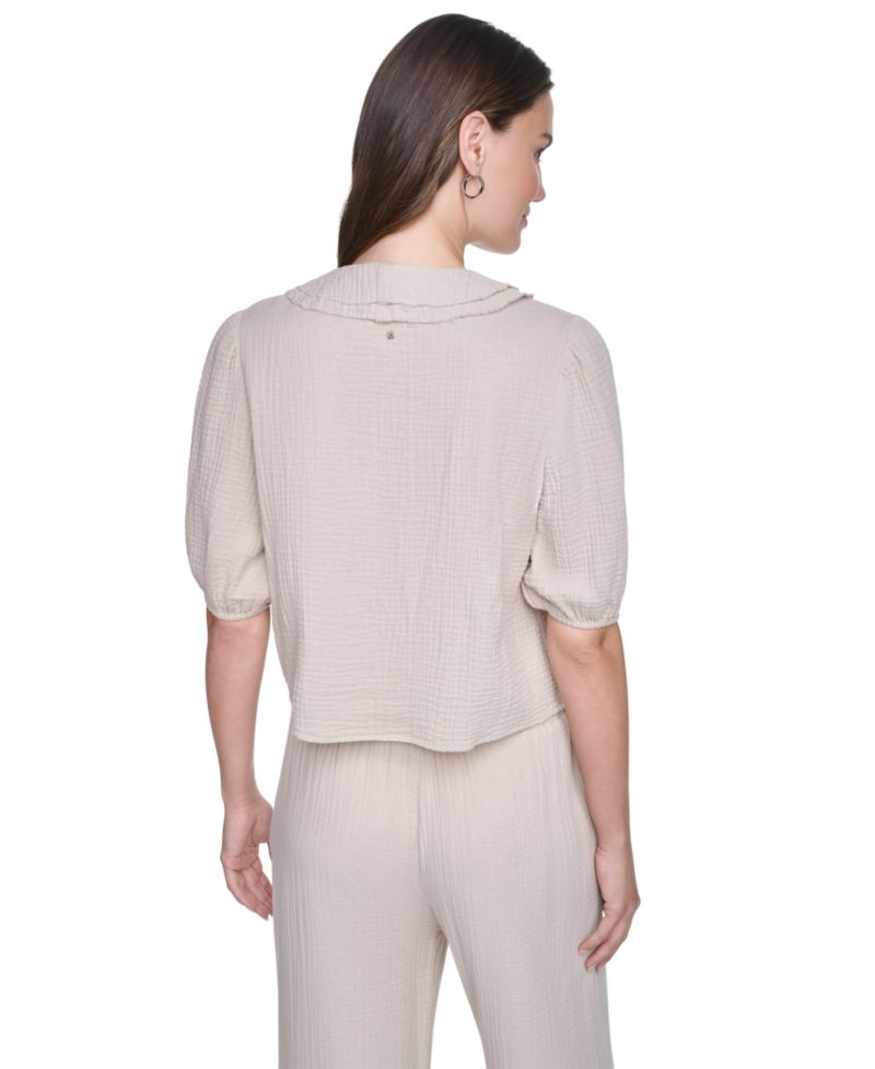 Women's V-Neck Short Puff-Sleeve Tie-Front Shirt