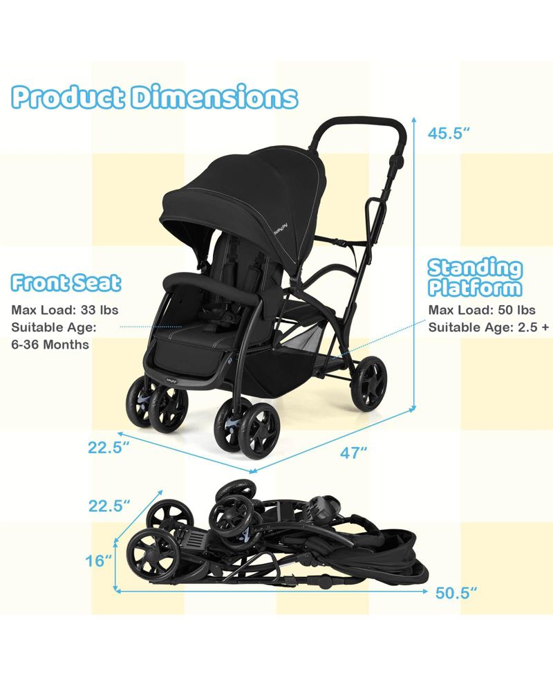 Sit and Stand Double Stroller with Adjustable Handle Bar Backrests Footrest Canopies