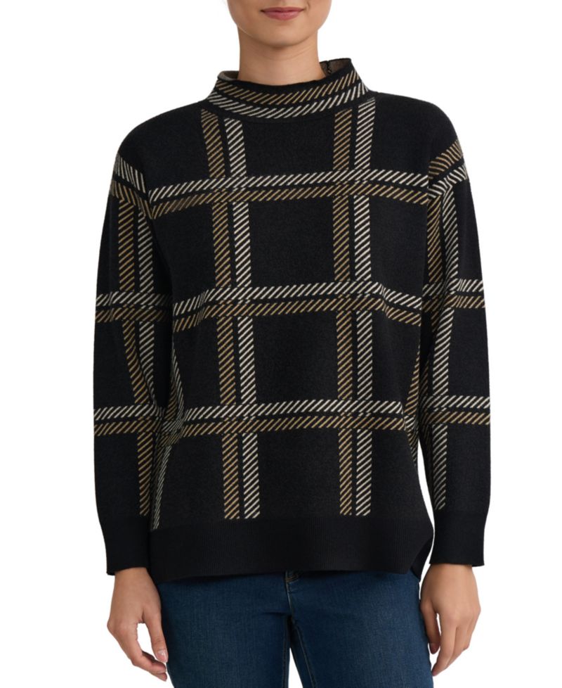 Petite Mock Neck Plaid Long-Sleeve Sweater