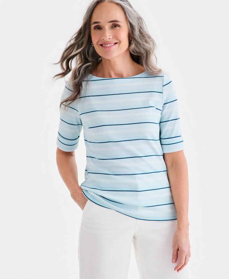 Petite Elbow-Sleeve Kelly Stripe Boat Neck Top