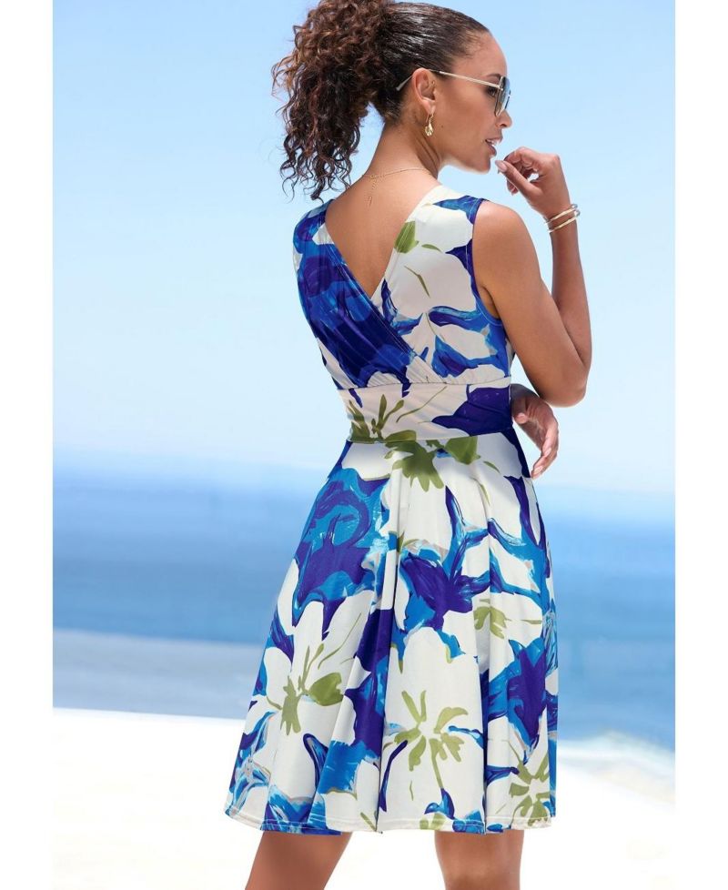 Women's Printed Sleeveless Look A-Line V-Neck Short Dress