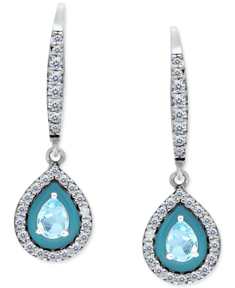 Blue Topaz (1/3 ct. t.w.), Cubic Zirconia, & Enamel Pear Dangle Hoop Earrings in Sterling Silver