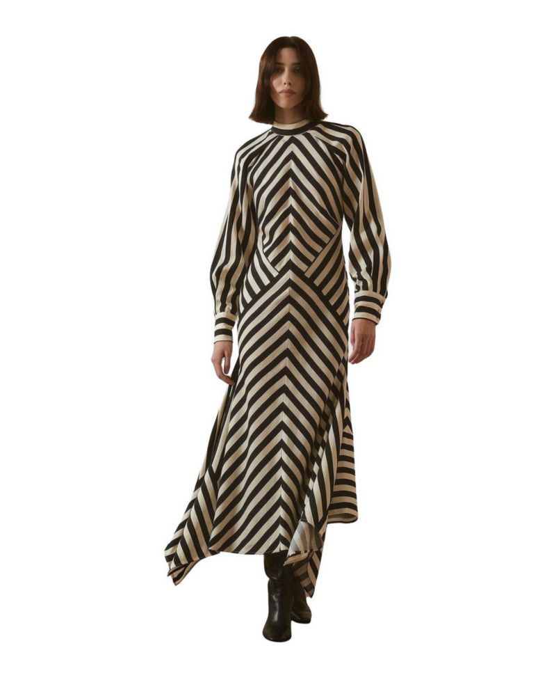Women's Fluid Stripe Long-Sleeve Asymmetric-Hem Maxi Dress