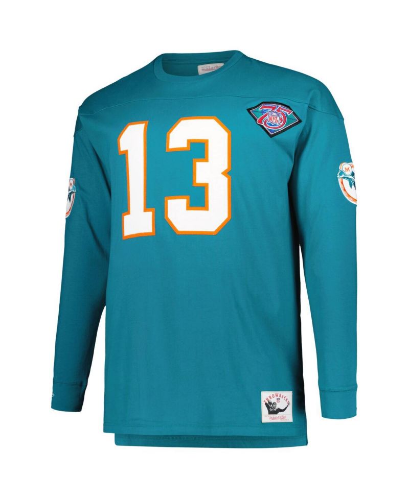 Men's Dan Marino Aqua Miami Dolphins Big and Tall Cut and Sew Player Name and Number Long Sleeve T-shirt