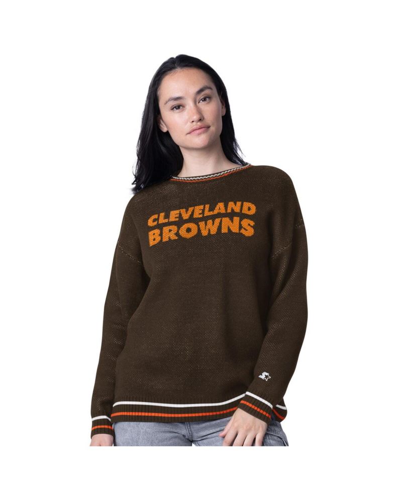 Women's Brown Cleveland Browns Oversized On the Ball Intarsia Knit Pullover Sweater