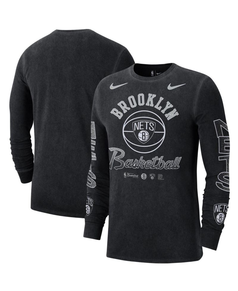 Men's Black Distressed Brooklyn Nets Courtside Retro Elevated Long Sleeve T-shirt