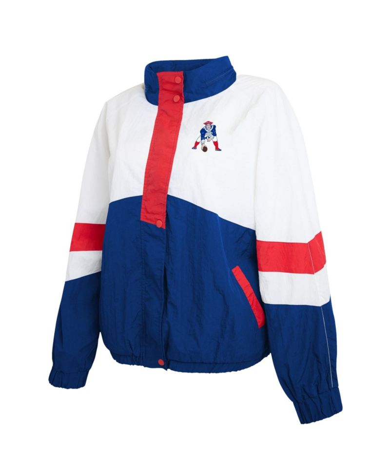 Women's White/Royal New England Patriots Throwback Crinkle Full-Snap Hooded Windbreaker Jacket