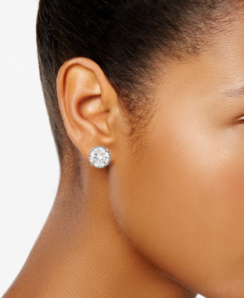 Silver-Tone Crystal Round Stud Earrings