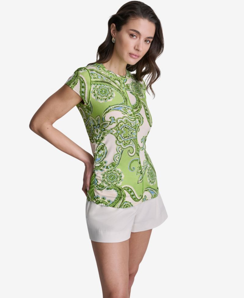 Women's Paisley Print Crewneck Cap-Sleeve Top
