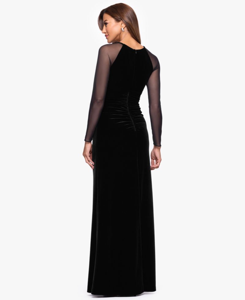 Petite Velvet Keyhole Sheer Mesh Sleeves Gown