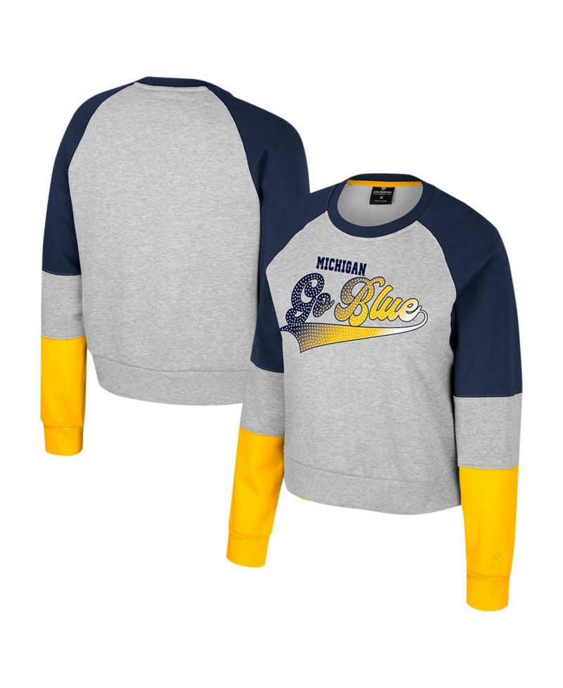 Women's Heather Gray Michigan Wolverines Katinka Rhinestone Scoop Neck Pullover Sweatshirt