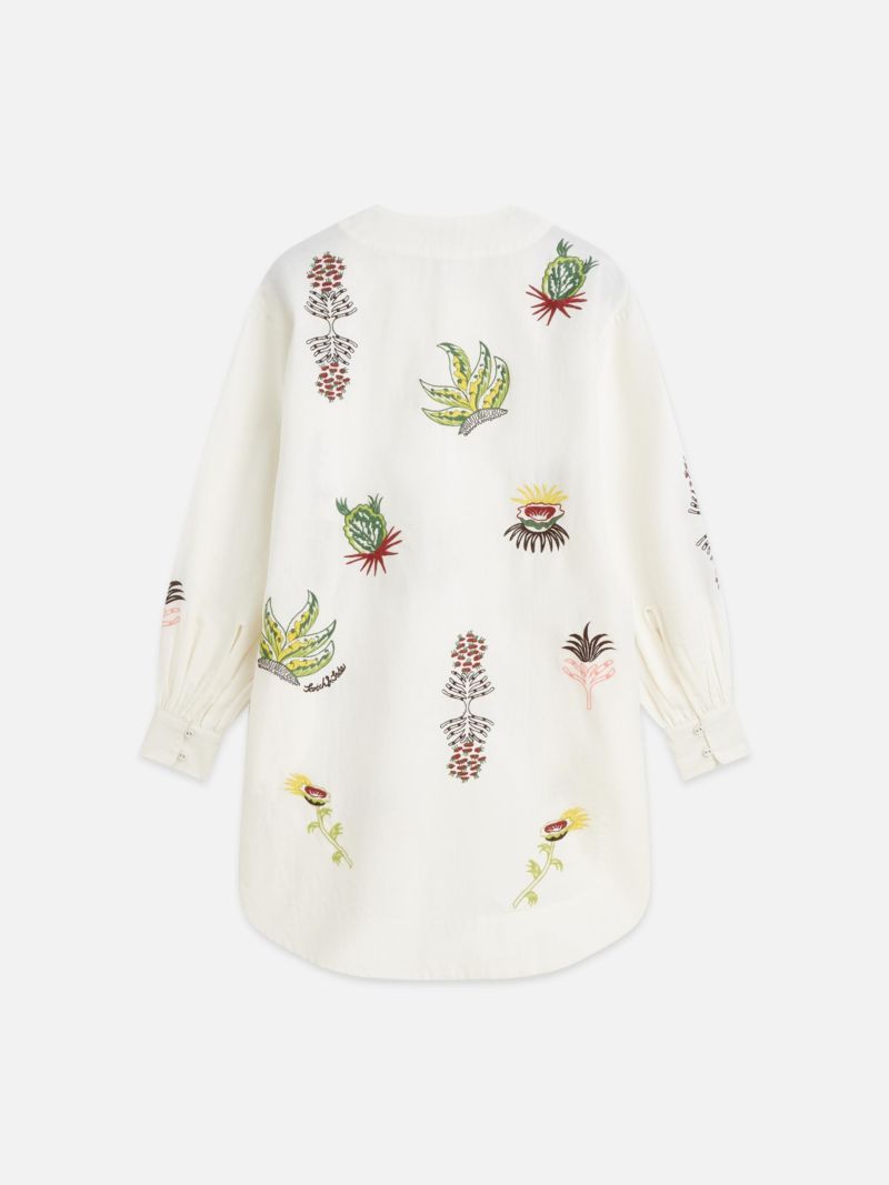 Women's Embroidered Long Sleeve Cotton and Linen Shift Dress