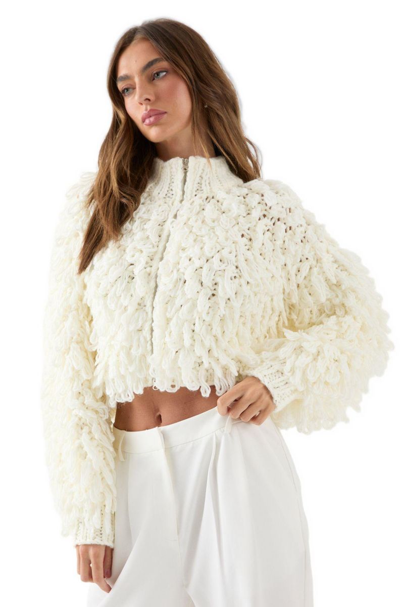 Women's Zip Up Cream Fringe Loop Cardigan