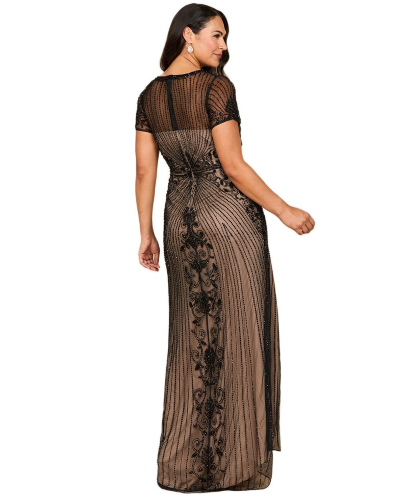 Women's Beaded Cap Sleeve Illusion Plunge Gown