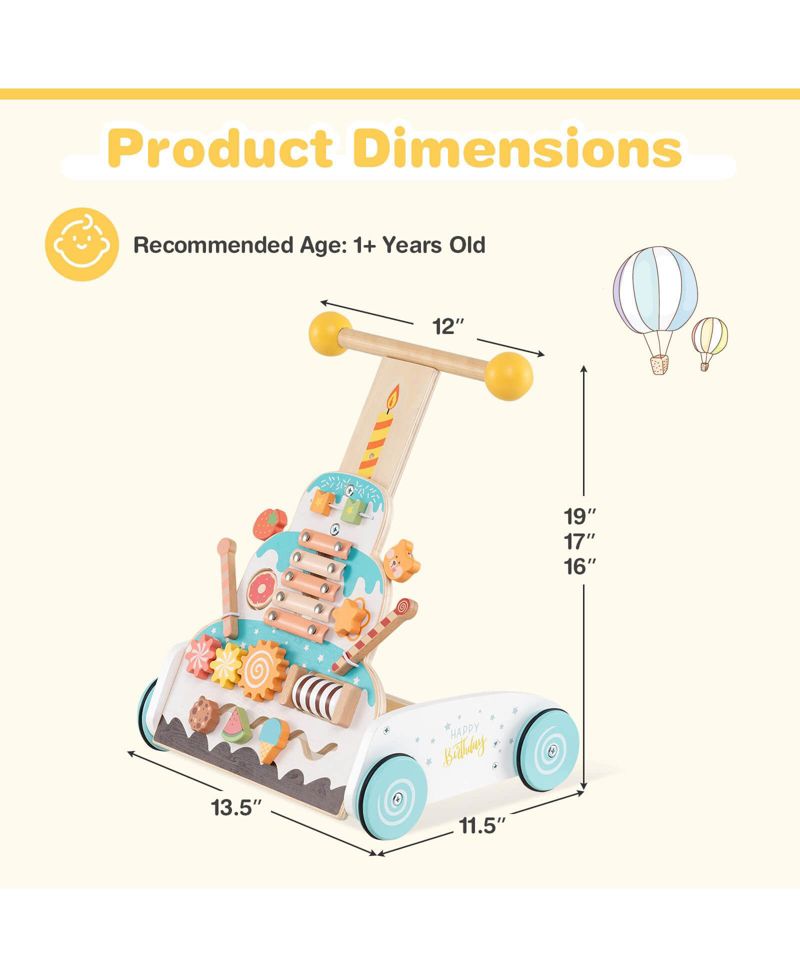 Wooden Baby Walker Ice Cream Cart Toy with Sweet Accessories Smooth