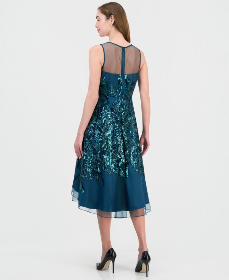 Women's Illusion and Sequin Midi Boat-Neck Sleeveless Dress