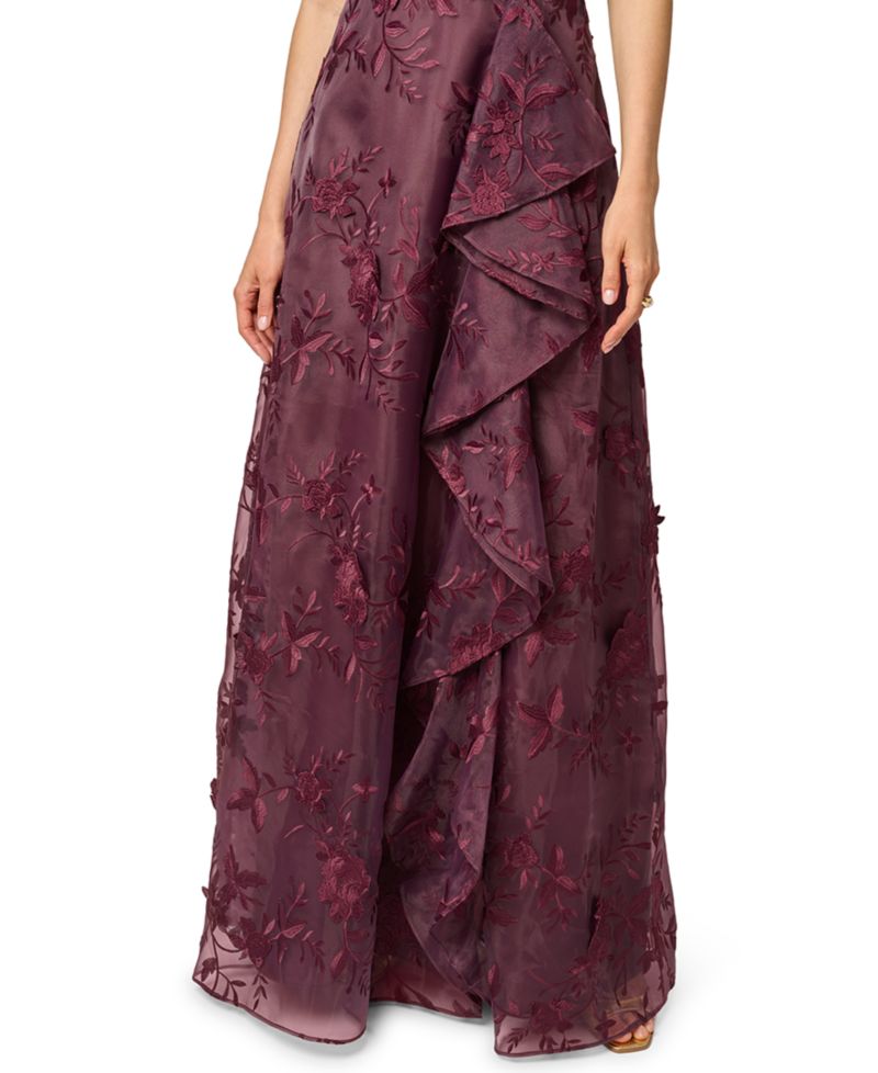 Women's Petite One-Shoulder Floral-Embroidered Ruffle Gown