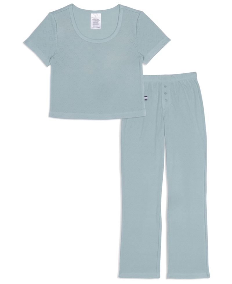 Girls' 6-16 Heart Pointelle Round Neck T-Shirt & Pants, 2-Piece Set
