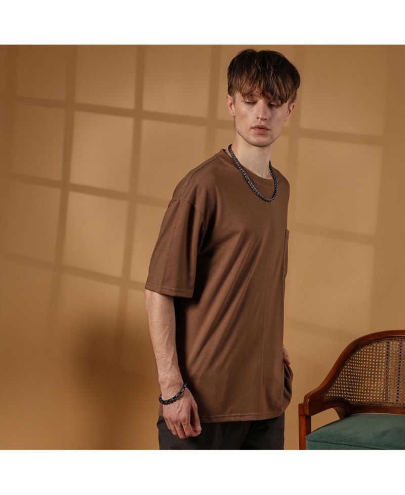 Men's Chocolate Brown Solid Oversized T-Shirt