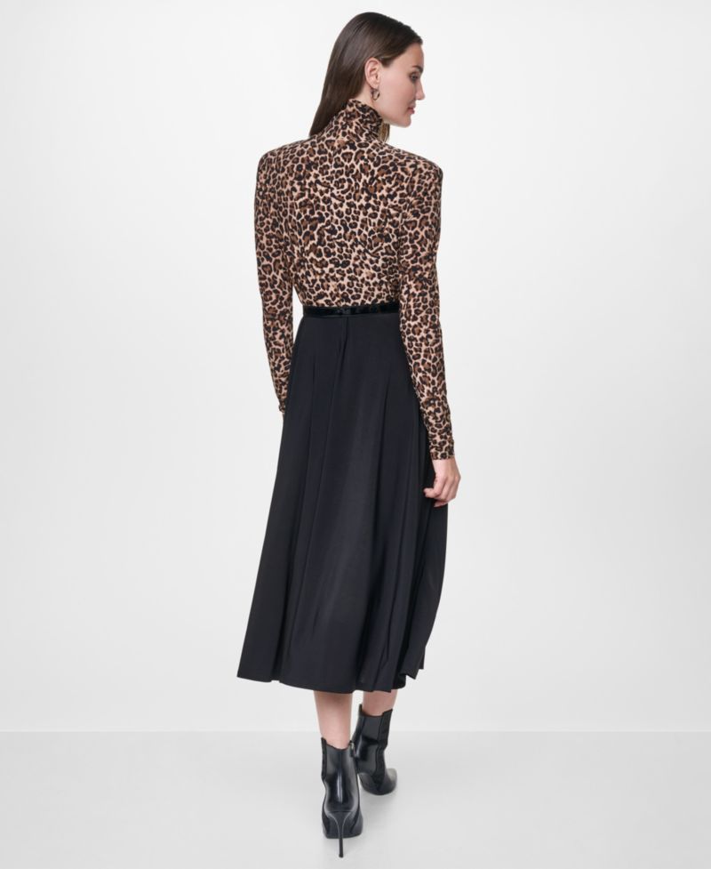 Women's Long-Sleeve Fit-and-Flare Mock-Neck Dress