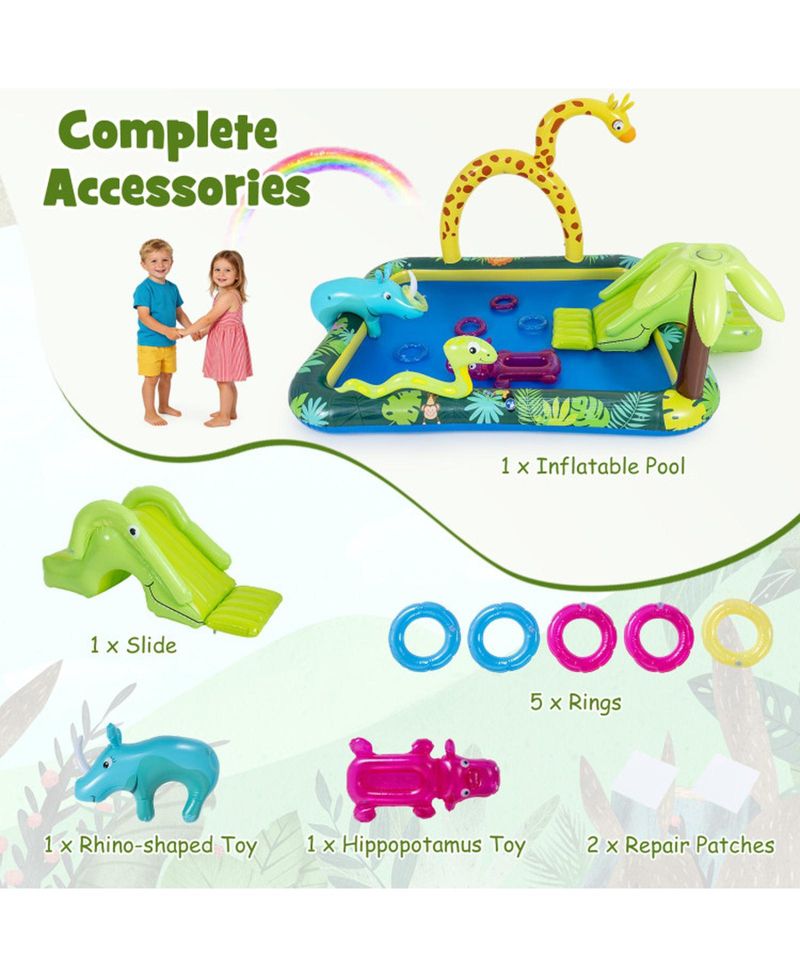 Jungle Animal Inflatable Spray Pool Play Center with Slide and Sprinkler Ages 2-6