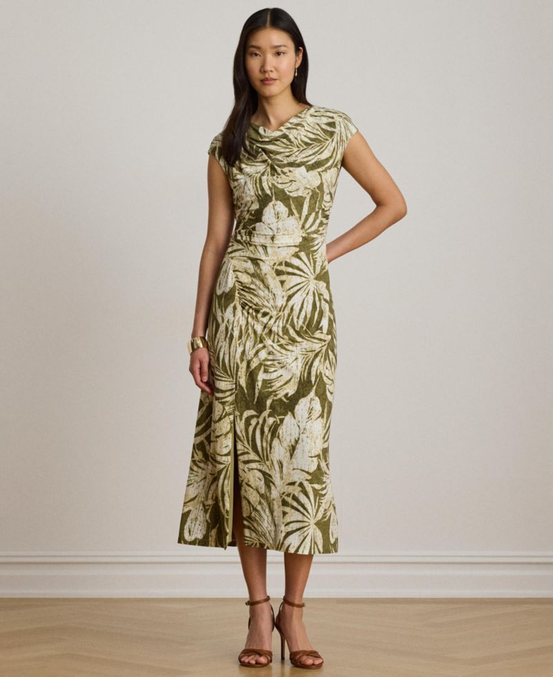 Women's Palm-Frond-Print Cowl Neck Midi Dress