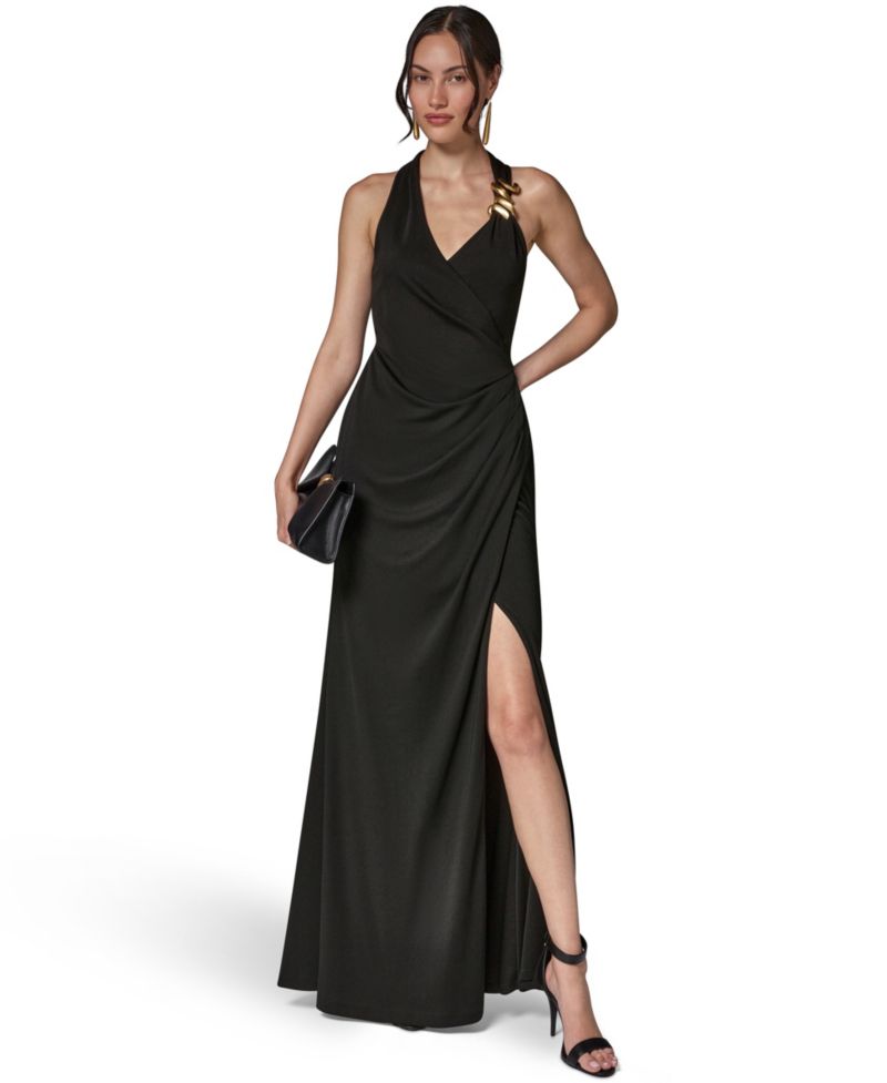 Women's Halter-Neck Draped Maxi Dress, Wedding Guest, Side Slit