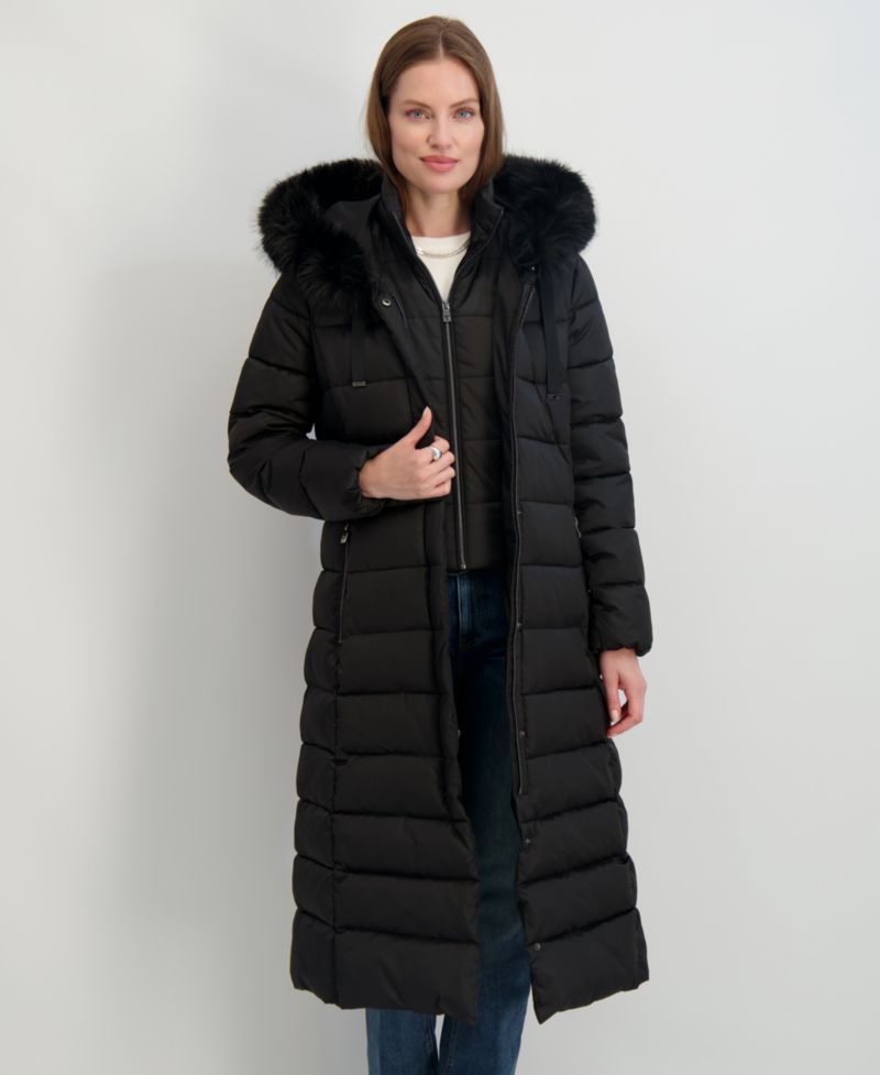 Womens Maxi Shine Bibbed Faux-Fur-Trimmed Hooded Puffer Coat