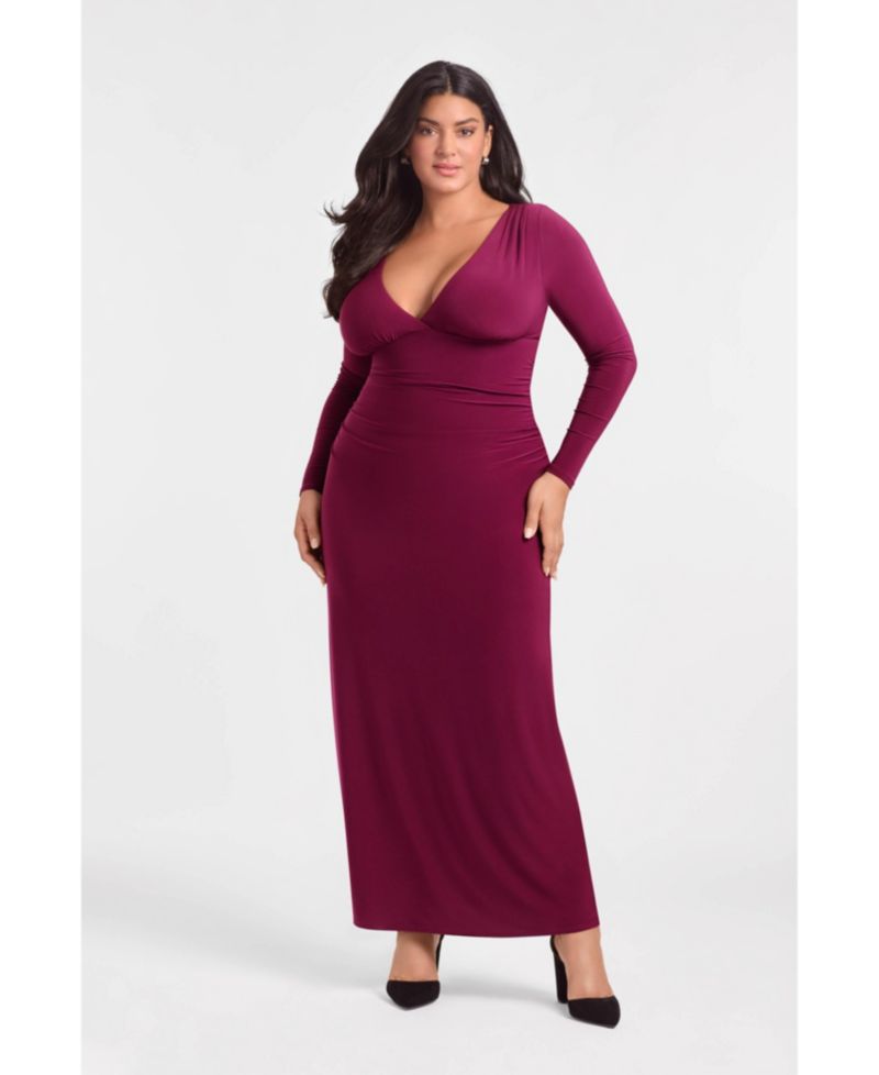 Women's Sculpting Shapewear Shirred V-Neck Long Sleeve Solid Maxi Dress