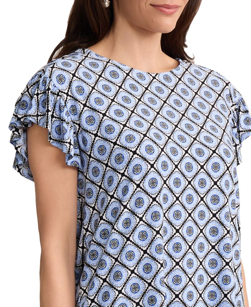 Petite Round Neck Flutter Short-Sleeve Top